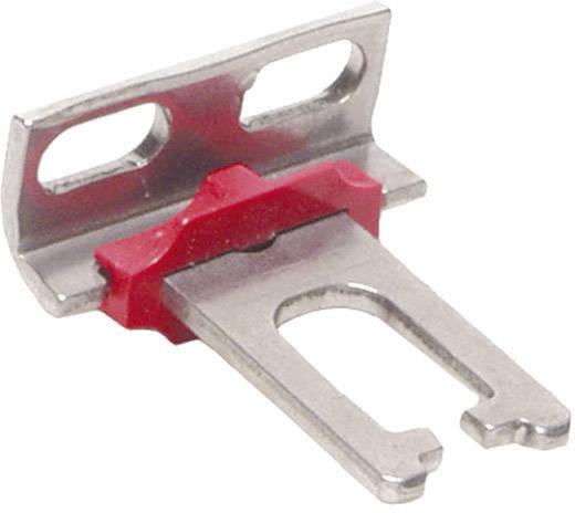 A silver metal component with a red insert, which appears to be a holder for mechanical or electrical applications.