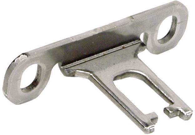 A silver metal component with two round holes on one side and a split fork on the other, potentially a fastening element.