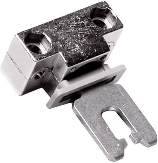 Metal fitting with two screw holes, used for securing furniture parts or attaching doors to hinges.