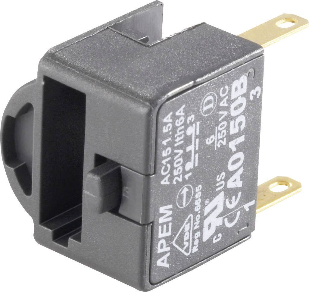 A black electric switch with gold-coloured terminals and technical specifications in white text on the top surface.
