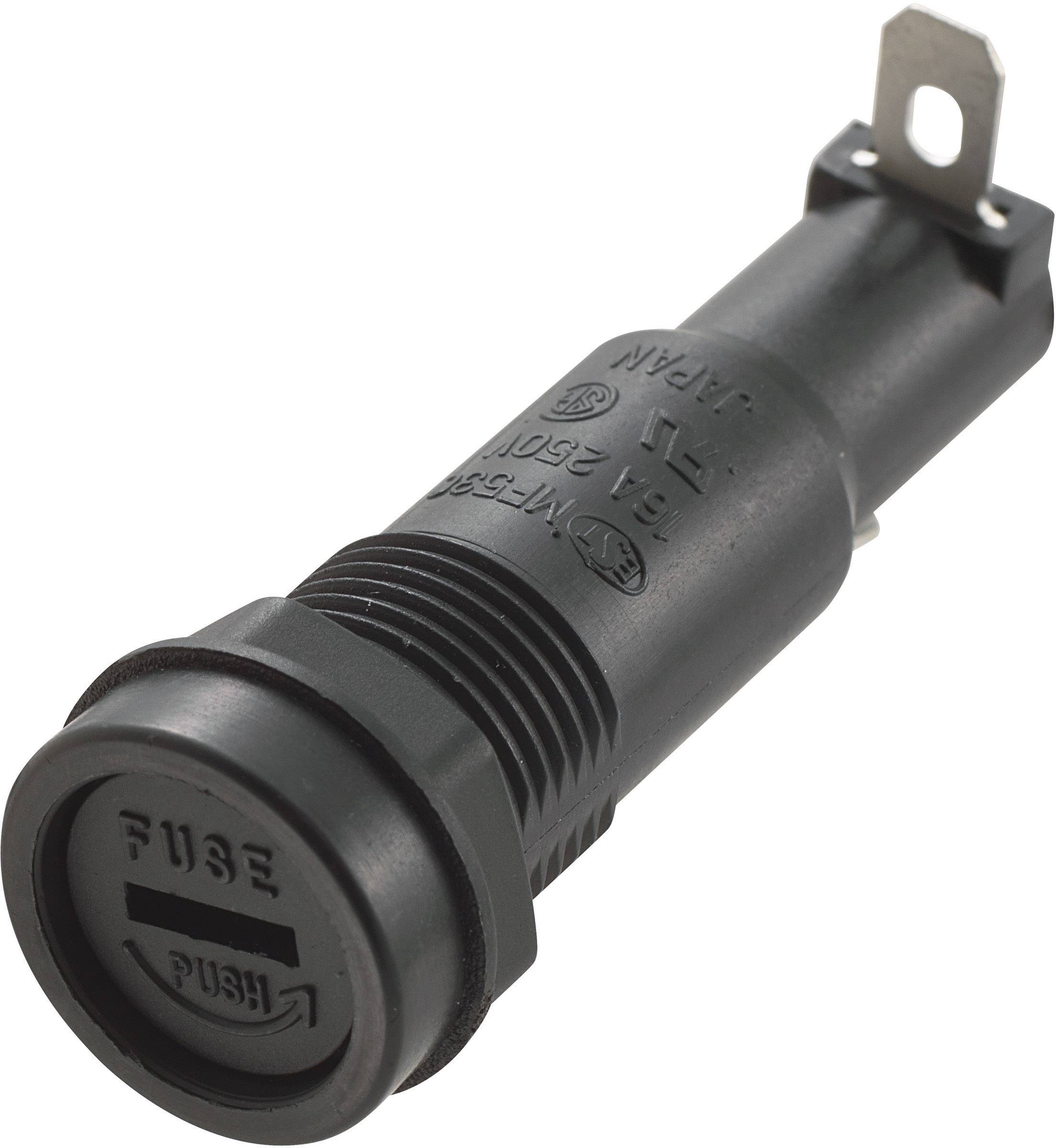 Black fuse holder with 'FUSE PUSH' inscription, suitable for use in electrical circuits for fuse mounting.