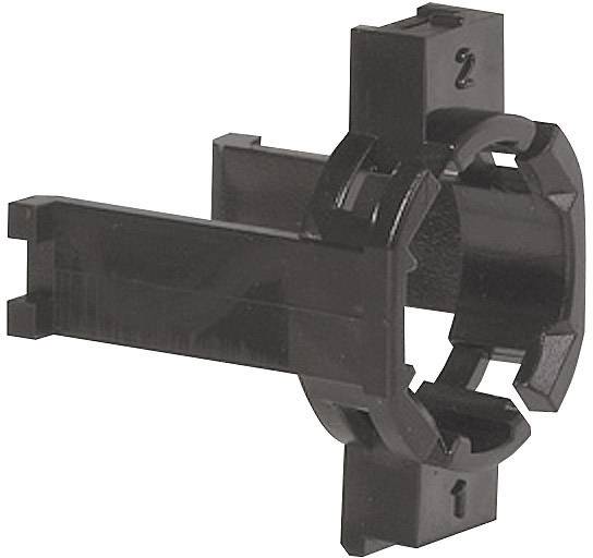 Black plastic mounting bracket with cross-shaped structure, used for securing pipe or cable connections.