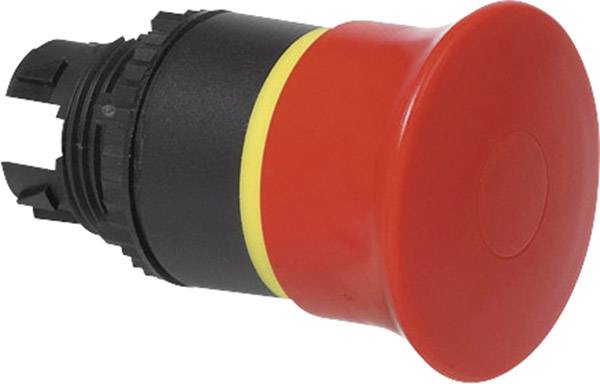 Red emergency stop button in close-up, used for quickly halting machines or equipment in an emergency.