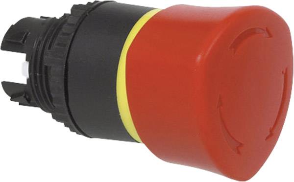 Red emergency stop button with a yellow ring, commonly used for safety in industrial equipment.