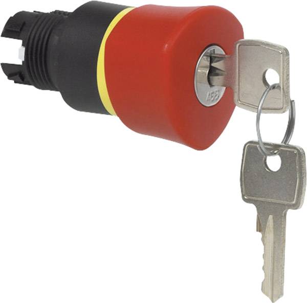 Red emergency stop switch with two inserted keys. The switch is cylindrical, predominantly black, with a yellow ring.