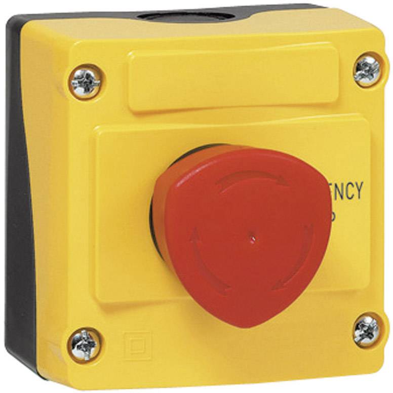 A yellow emergency stop switch with a red button. The switch is mounted in a rectangular housing and secured with four screws.