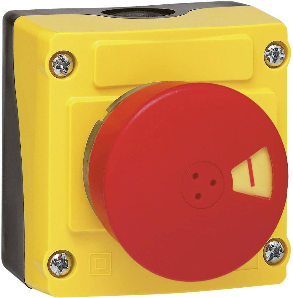 A yellow emergency stop switch housing with a large red rotary button, typically used for safety shutdown in industrial environments.