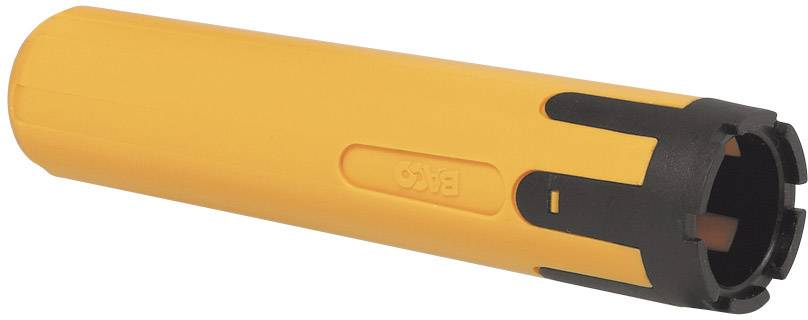 An orange, cylindrical tool with a black end piece, often used for storing pens.