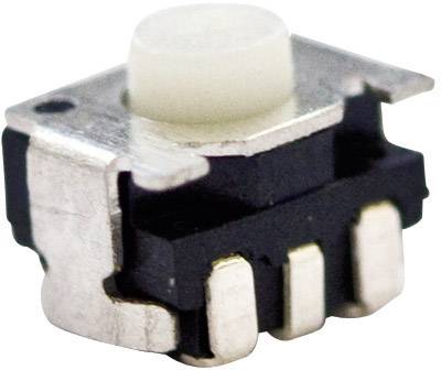 Small, square microswitch made of metal and plastic, with a white, round actuator button. Used in electronic devices.