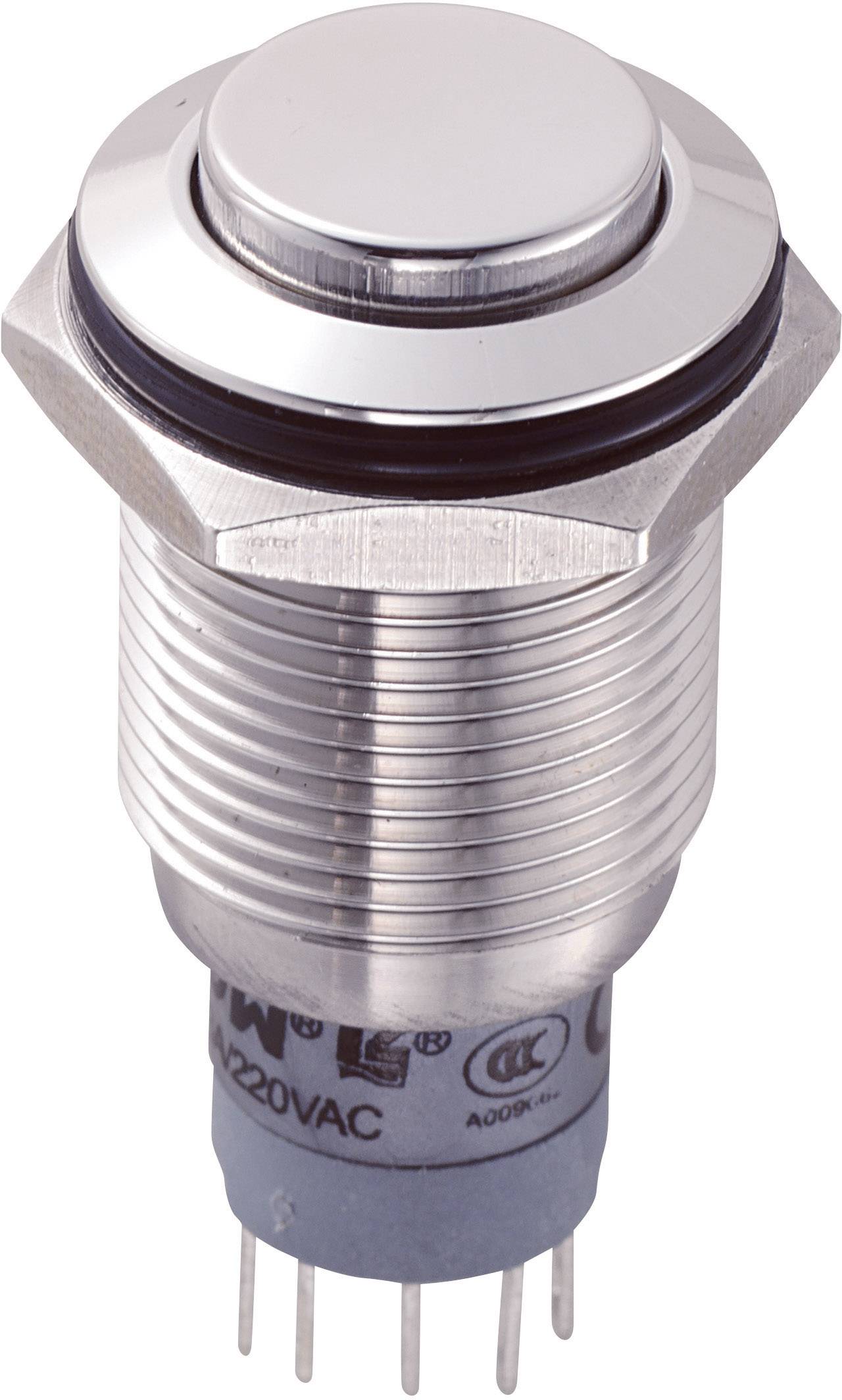 Metallic push button with hexagonal fixing nut and multiple pins on the underside, suitable for 220VAC.