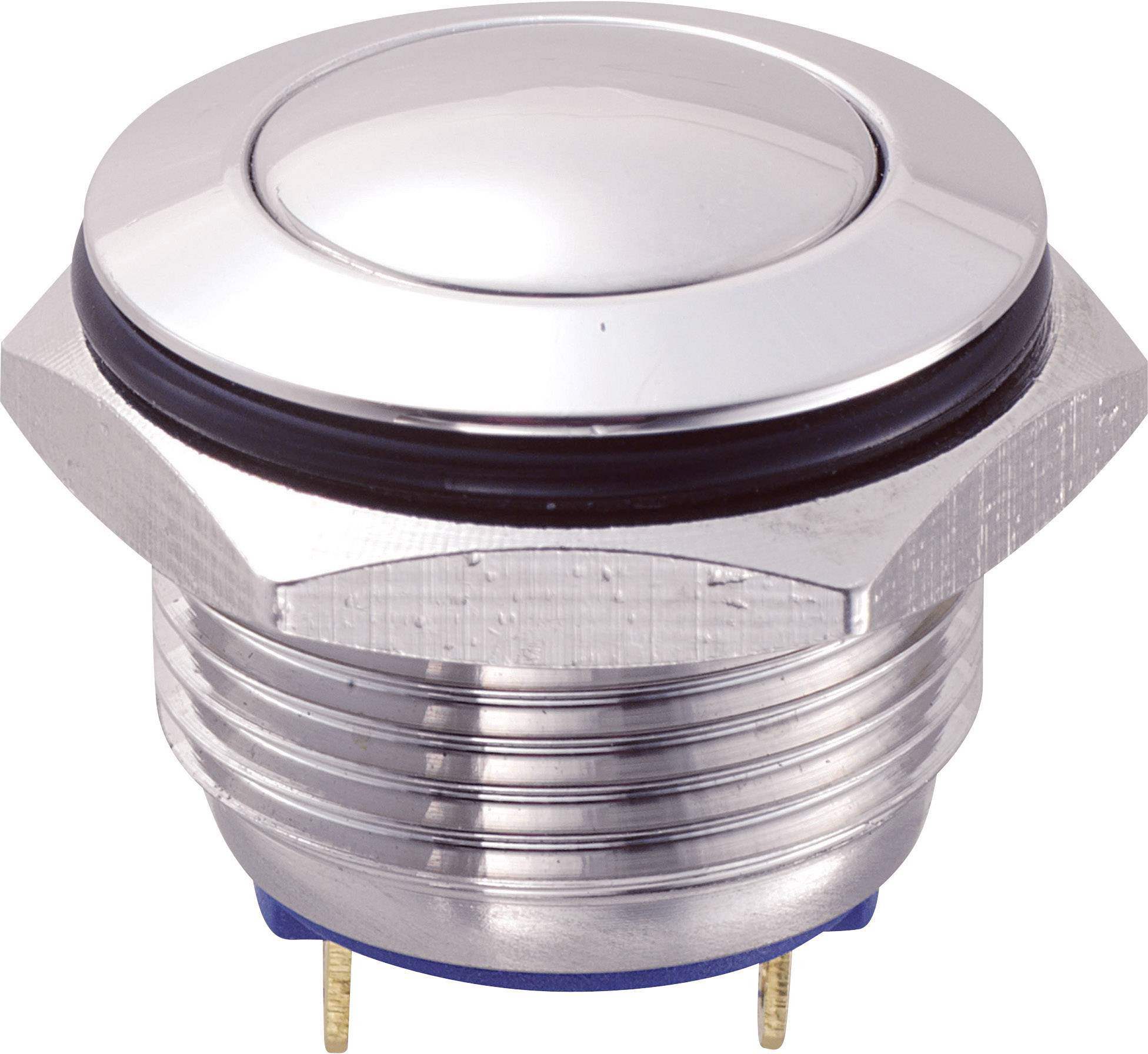 A round, silver push button with a metal thread and two gold-coloured connection pins, suitable for electronic applications.