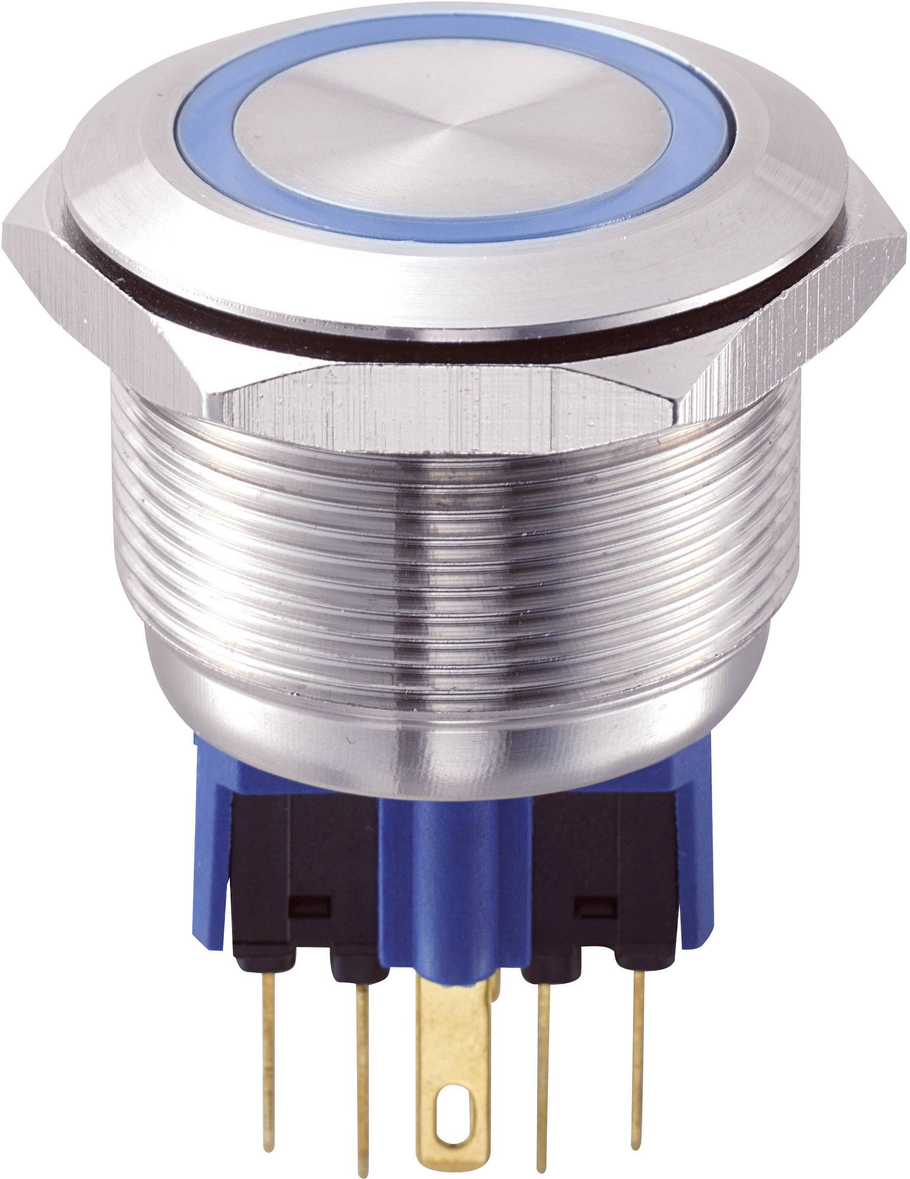 Metal switch with a blue ring and three golden connections on the underside, suitable for electronic applications.