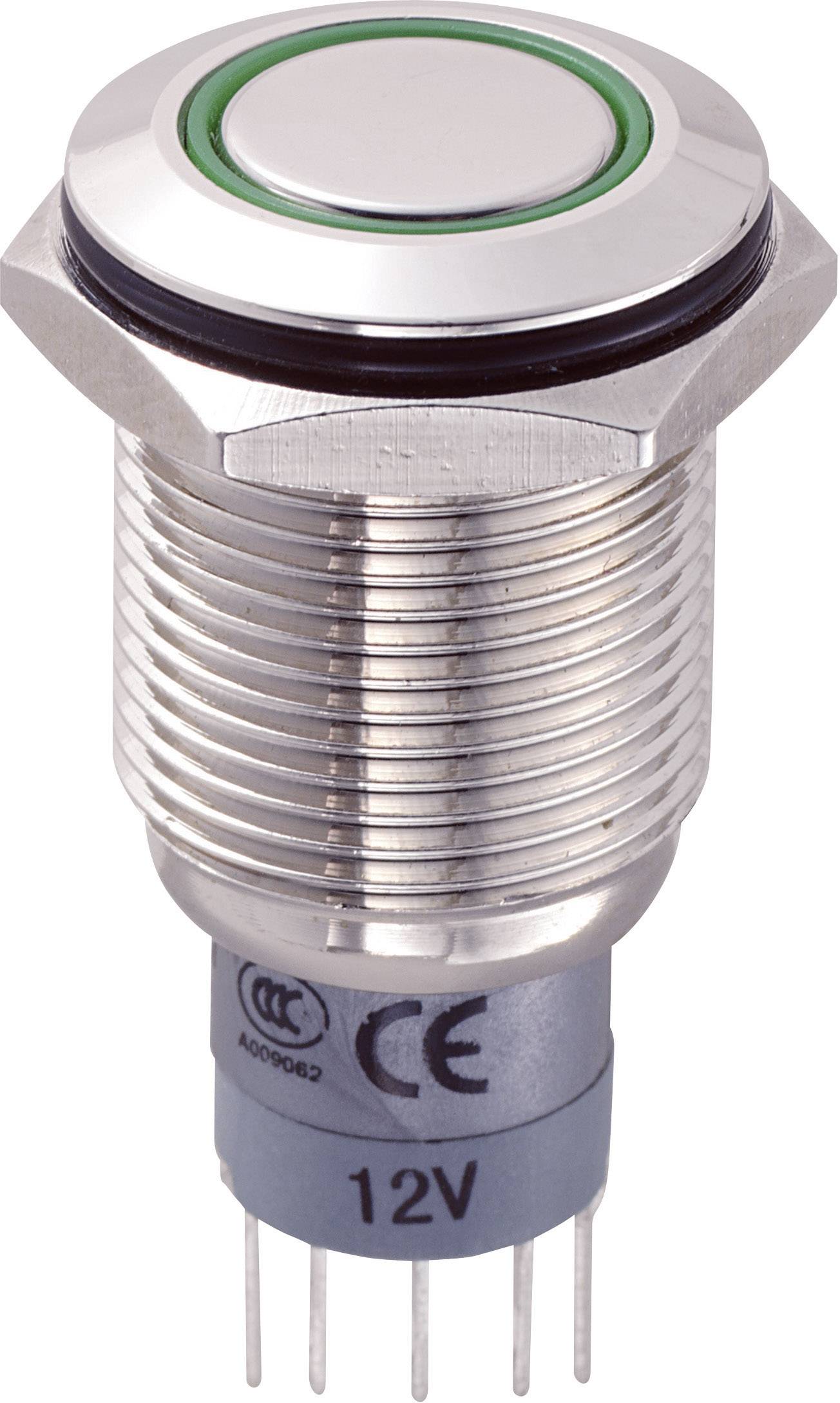 Round, silver push button with green border, suitable for 12V. CE mark present, eight connection pins on the underside.