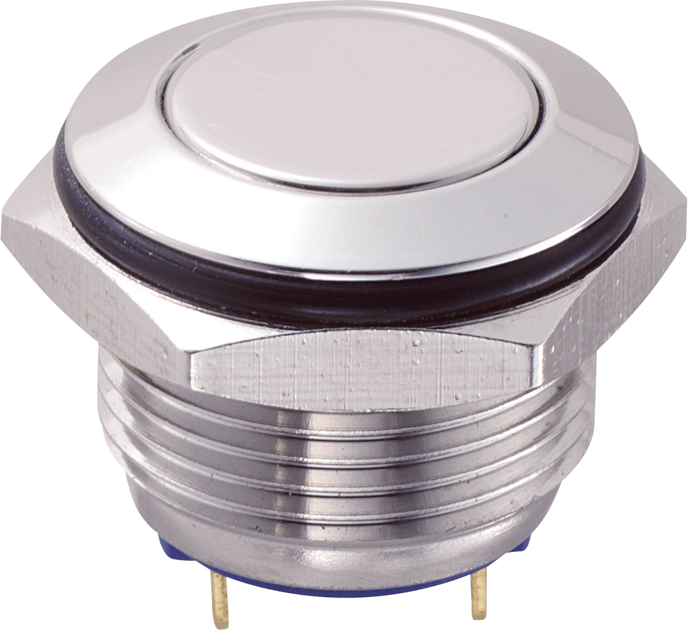 Round metal push button with a shiny surface and two connections on the underside. Suitable for electronic circuits.