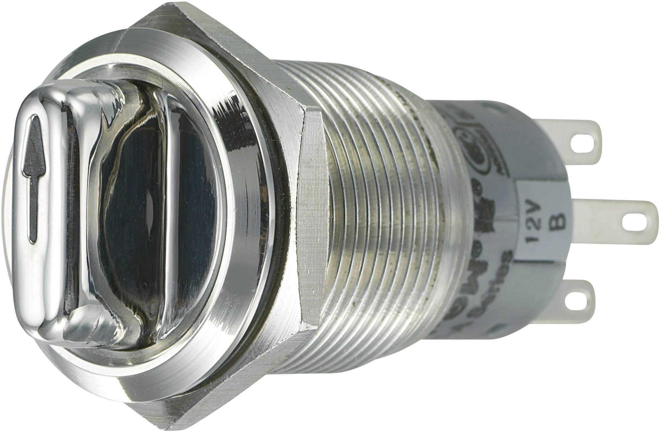 Metallic push button with arrow symbol and three terminals, suitable for 12V systems.