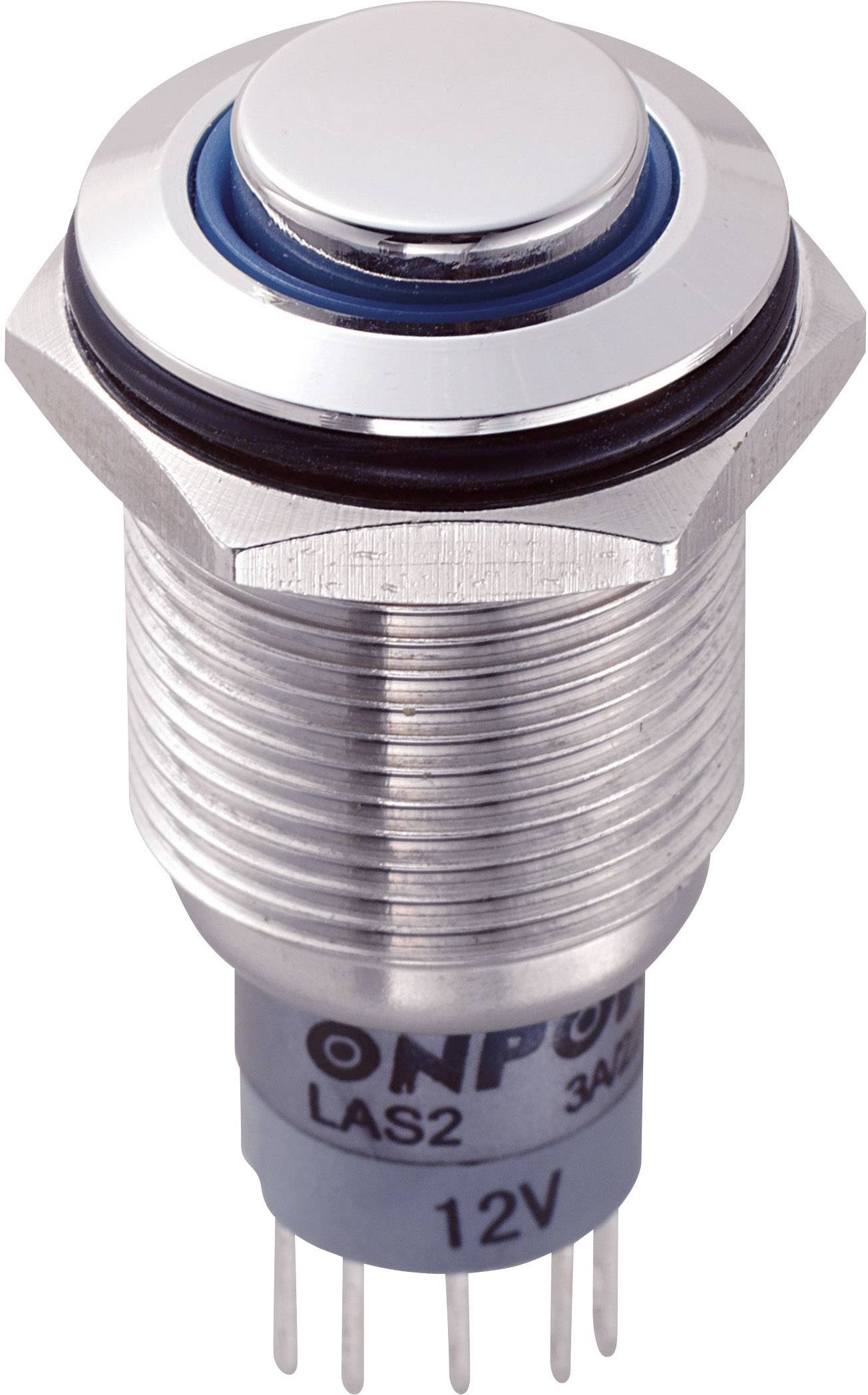 Round, silver push button with 12V labelling, suitable for electronic applications or devices.