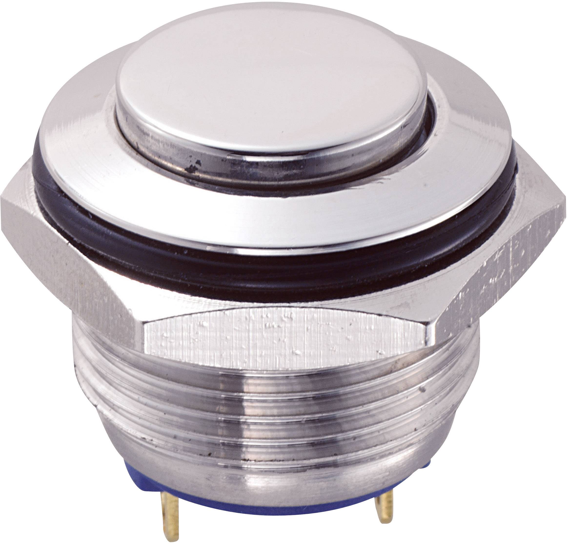 Metal switch with round push head and hexagonal thread for mounting.