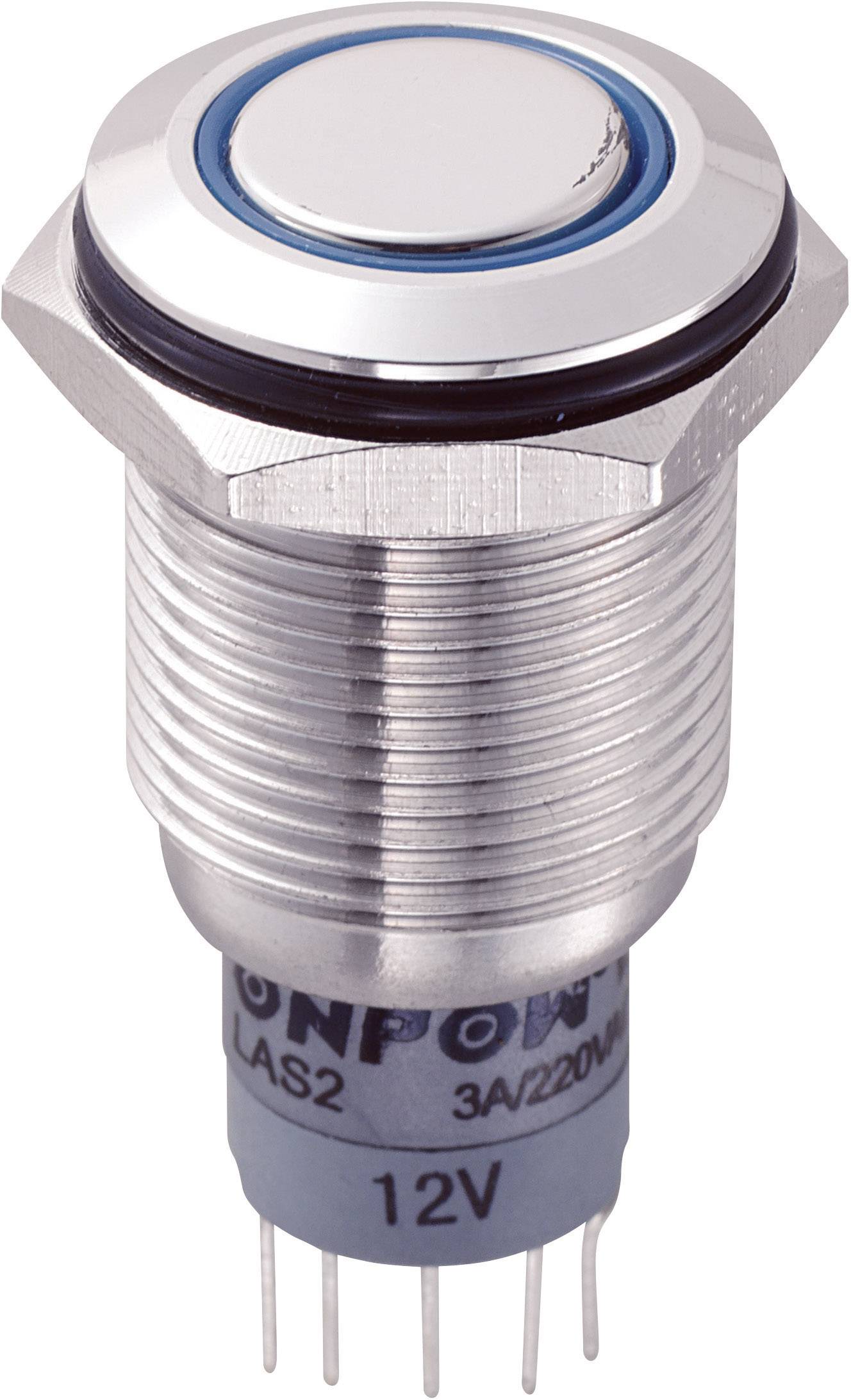 Round metal switch with a blue ring, recessed into a silver casing. Beneath it, connection pins and voltage marking '12V'.