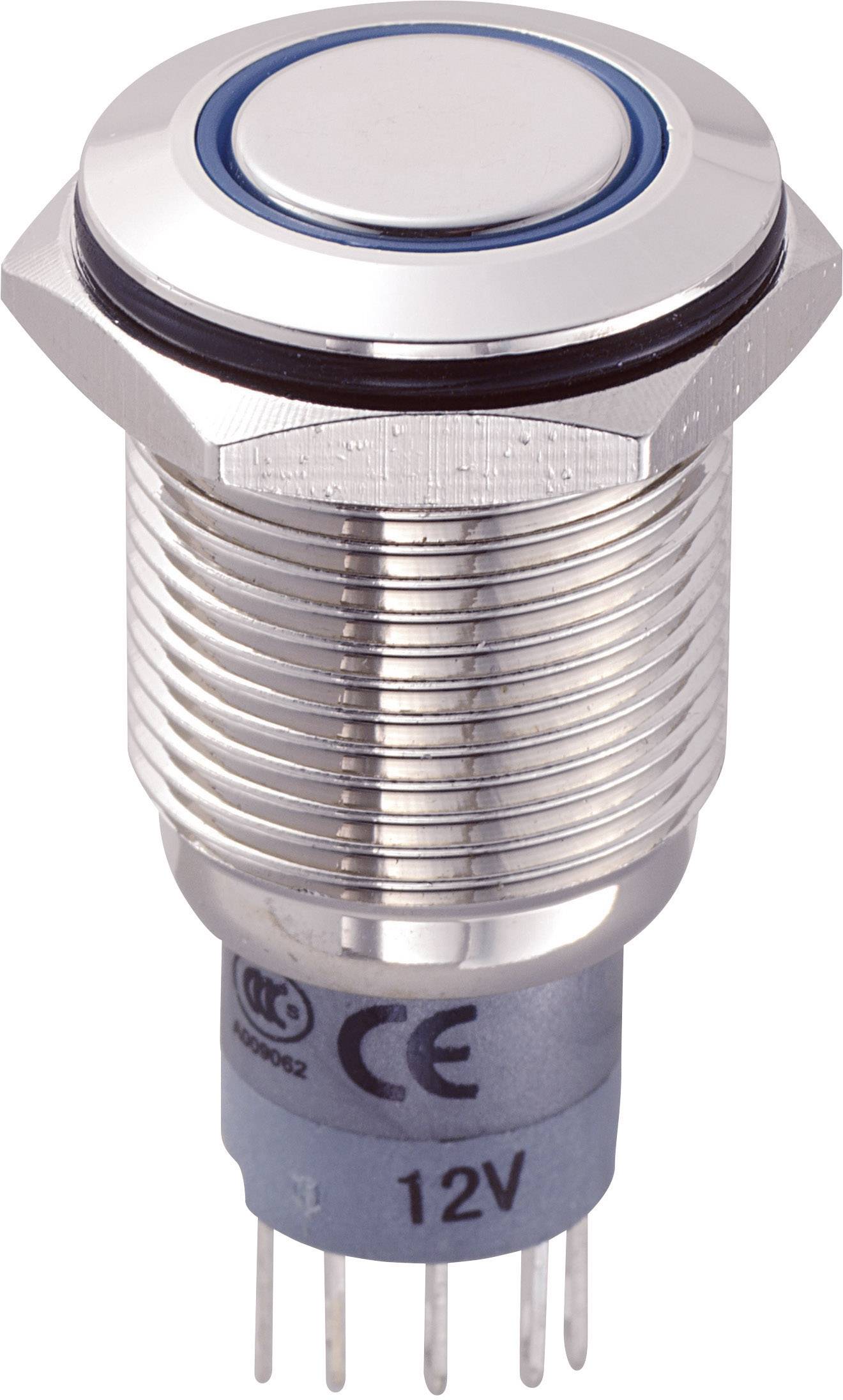 A silver metal switch with a blue border and '12V' marking on the base. Suitable for electrical applications.