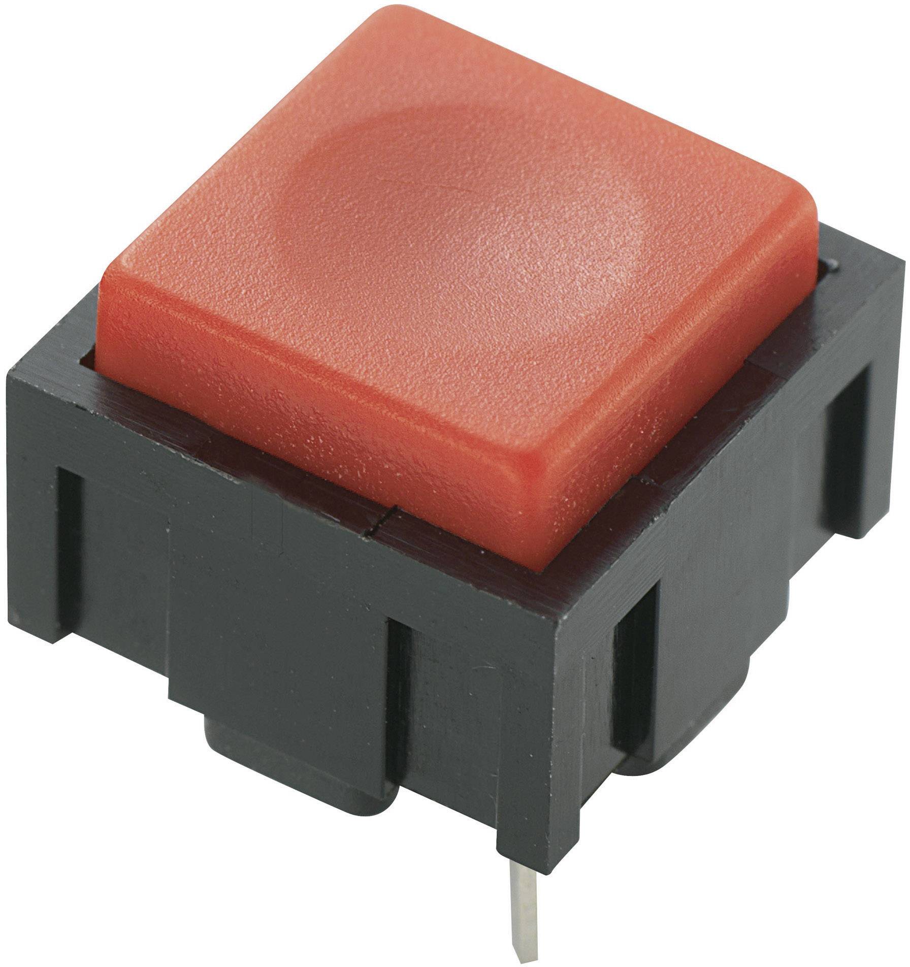 A square, red push button with a black base and metal connection for electrical circuits.