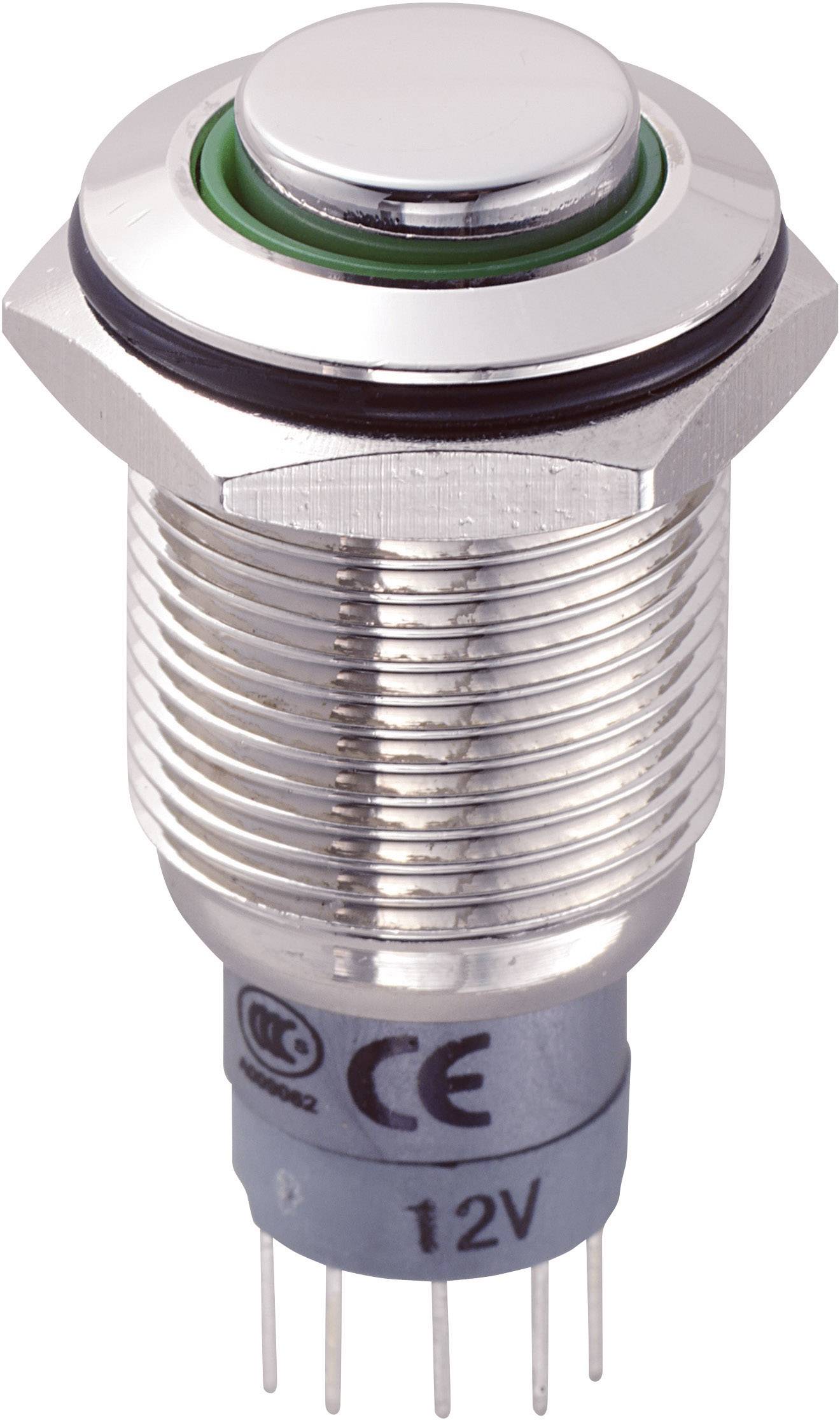 A silver push-button switch with threaded fixing, green sealing element and CE marking, suitable for 12V applications.
