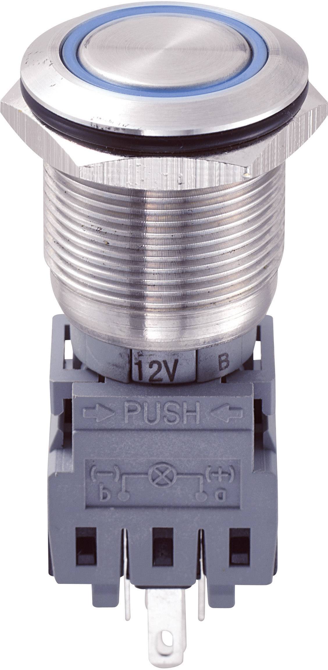 A metallic push button with a blue ring for 12V applications; used for activating functions in electronic devices.