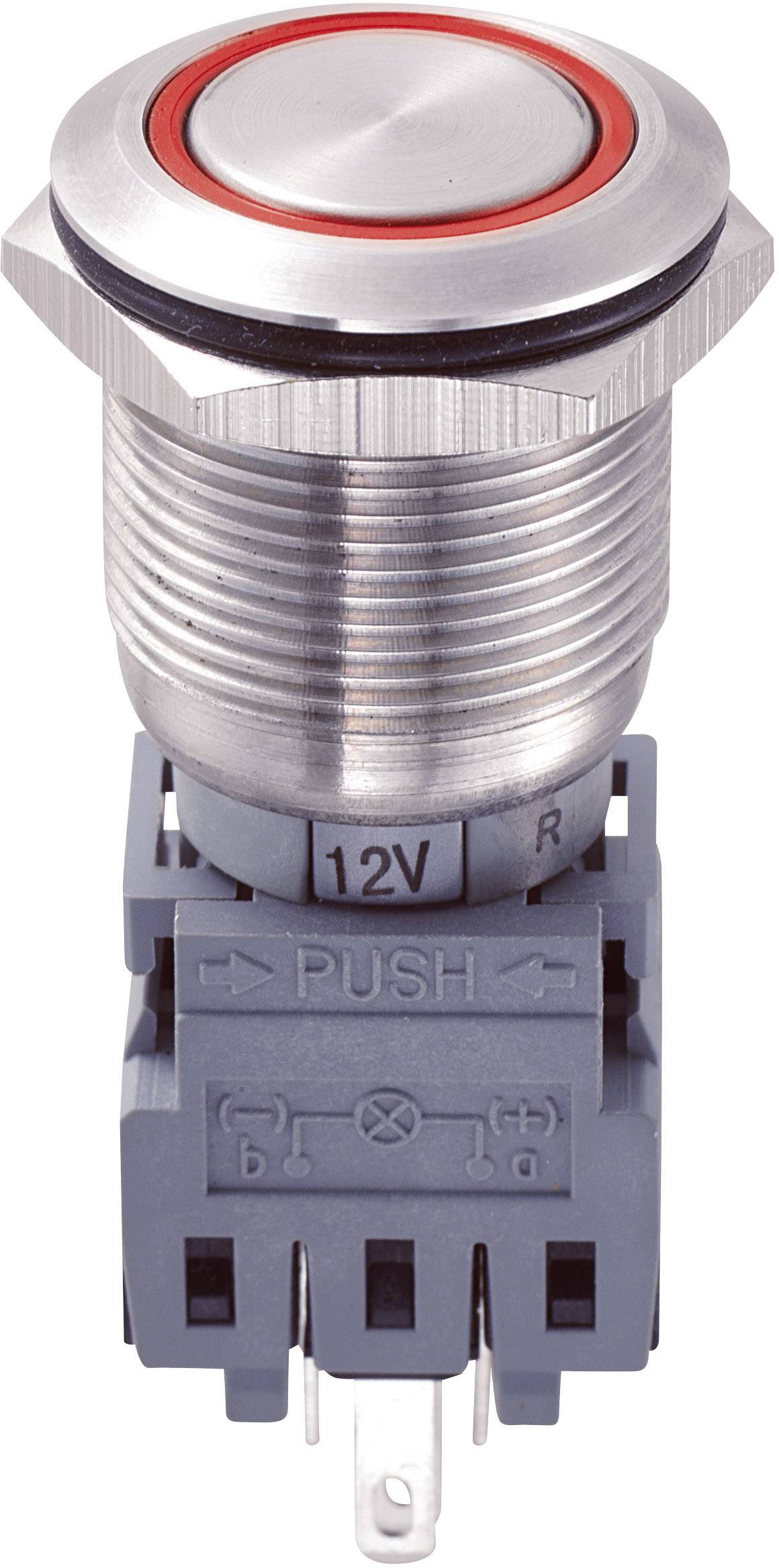 A silver push button with a red ring, suitable for 12V, mounted on a grey plastic housing with 'PUSH' labelling.