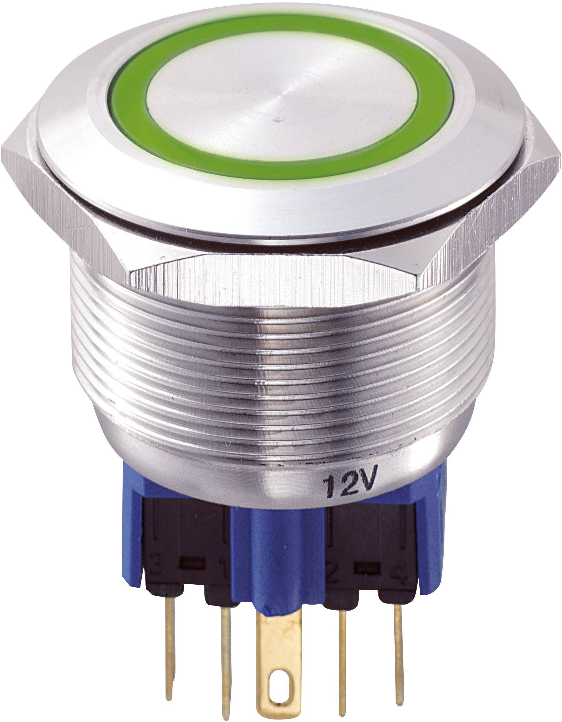 Metal push button with a green ring, '12V' label visible at the bottom. Suitable for electrical applications.