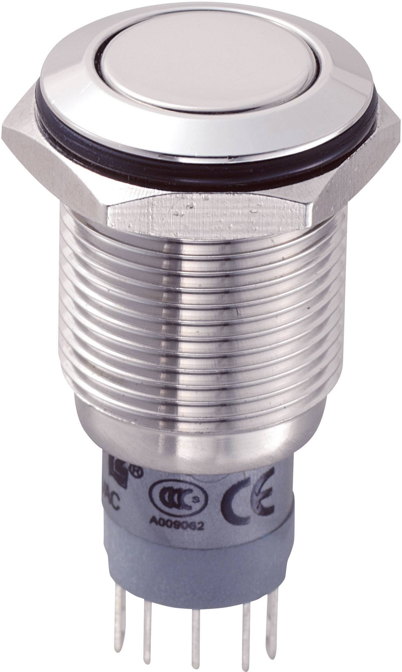 A round, silver metal push button with multiple connection pins, suitable for installation in electrical engineering devices.