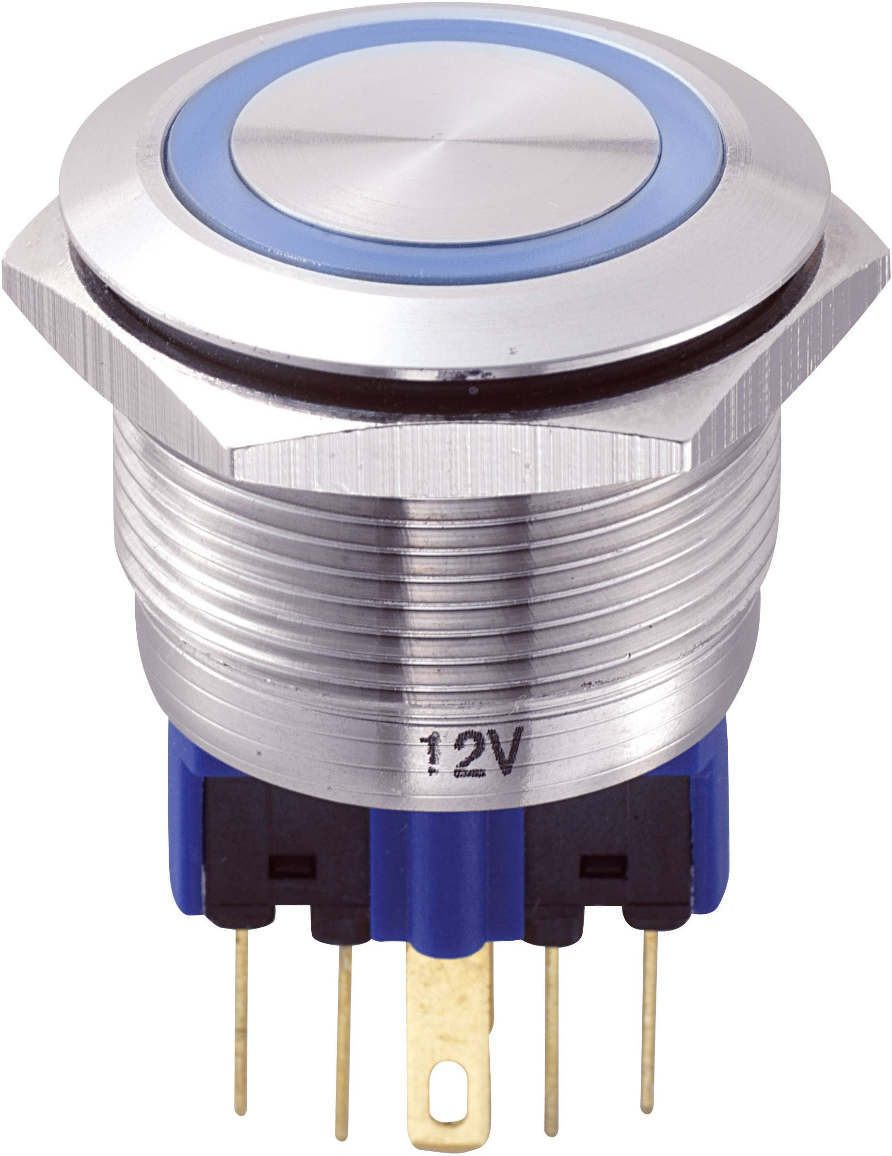 A round push button with a blue border, silver metal casing and 12V marking, ideal for electronic applications.