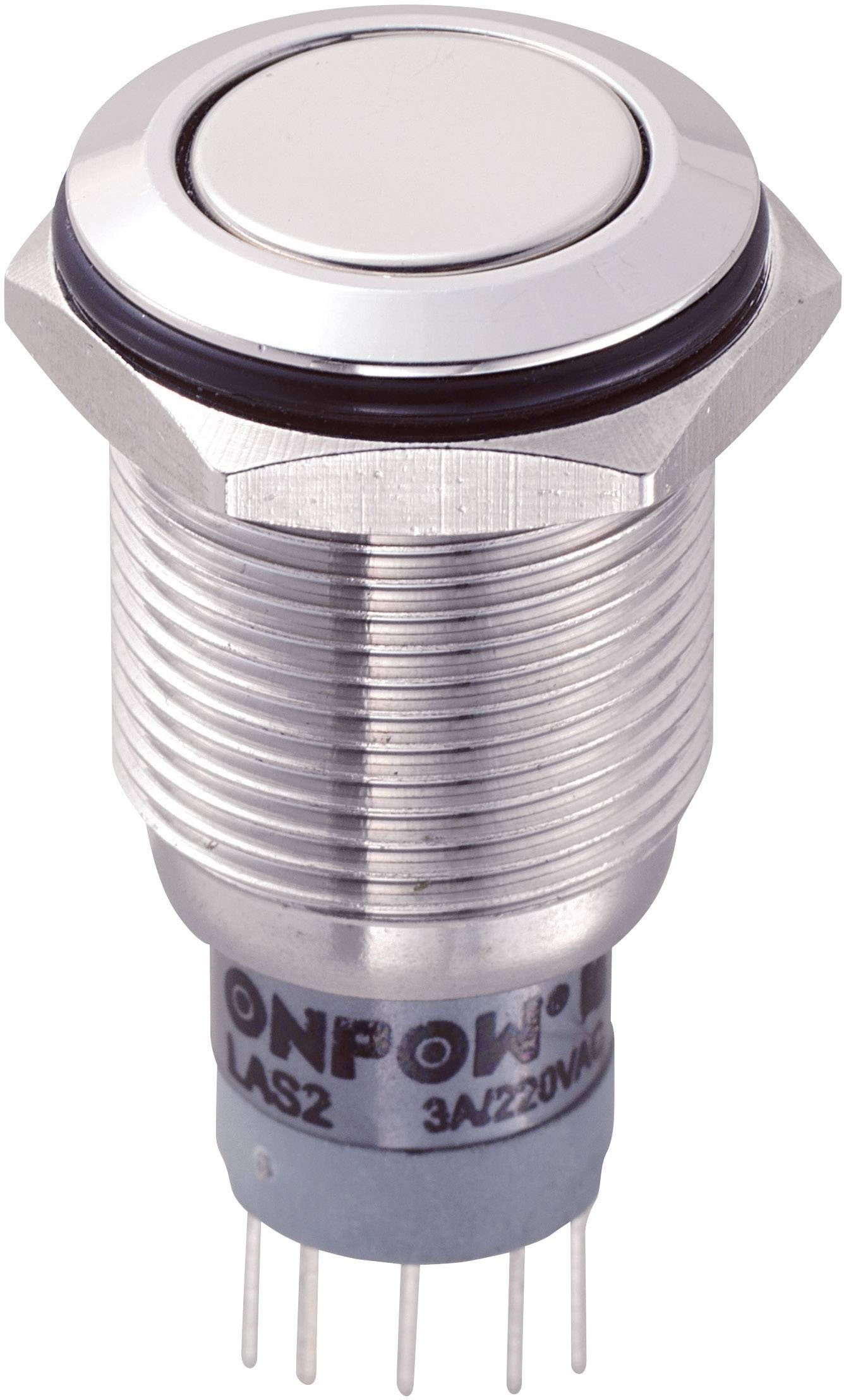 A round, metallic push button, partially silver, with connectors on the underside. Marking 'ONPOW', LAS2, 3A/220VAC.