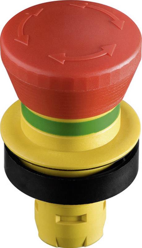 A red emergency stop button with arrows, mounted on a yellow base, used for immediate interruption of machine operation.