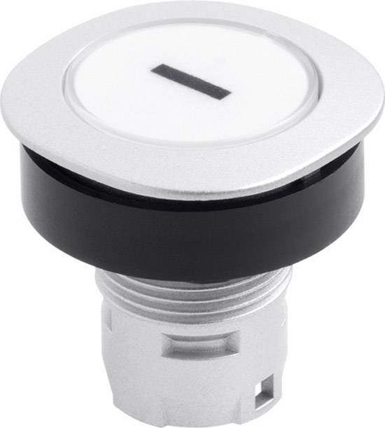 Round, silver-coloured push button with a black horizontal line in the centre. The button has a modern design.