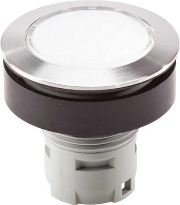 Round, silver press button with white surface and grey base, suitable for electrical switch installation.