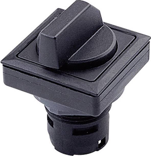 Black rotary switch with a square base and round switch head. Suitable for controlling electrical devices.