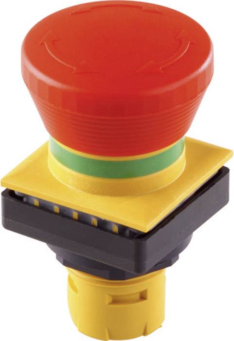 Large red emergency stop button with yellow base and green ring, commonly used for safety on machinery.