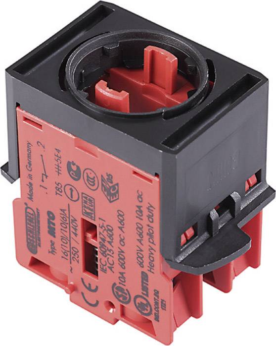 Red electrical switch in a black plastic housing, suitable for various current and voltage ranges, with multiple markings and certifications.