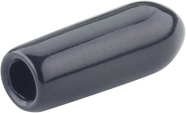 Black, cylindrical plastic cap with a rounded tip, serving as a protective cover or shield.