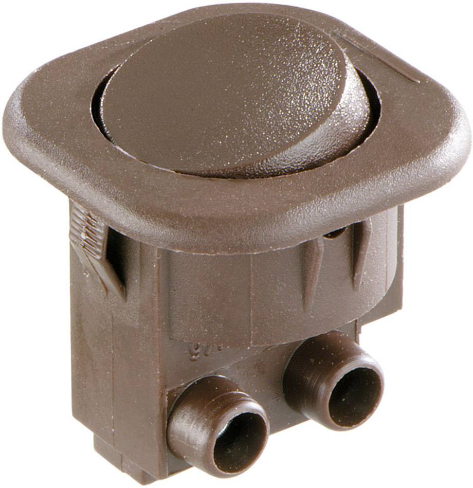 Brown plastic switch with an oval button and two connections on the underside, used for electrical control.