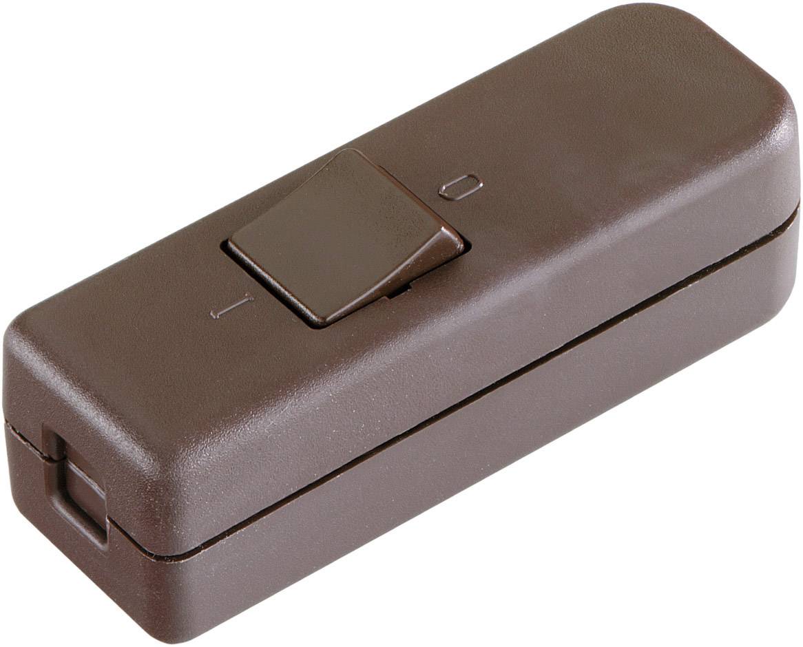 A brown plastic toggle switch, rectangular in shape, with a slider in the centre, on a white surface.