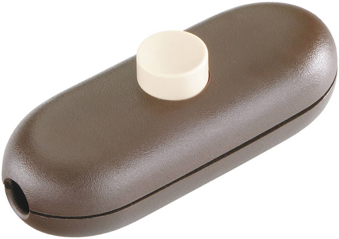 Brown toggle switch with a round, beige button on top.