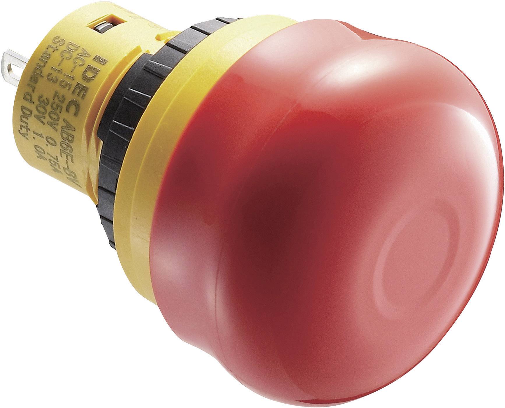 Emergency stop button in red with a yellow housing. Used to quickly shut down machinery in emergency situations.