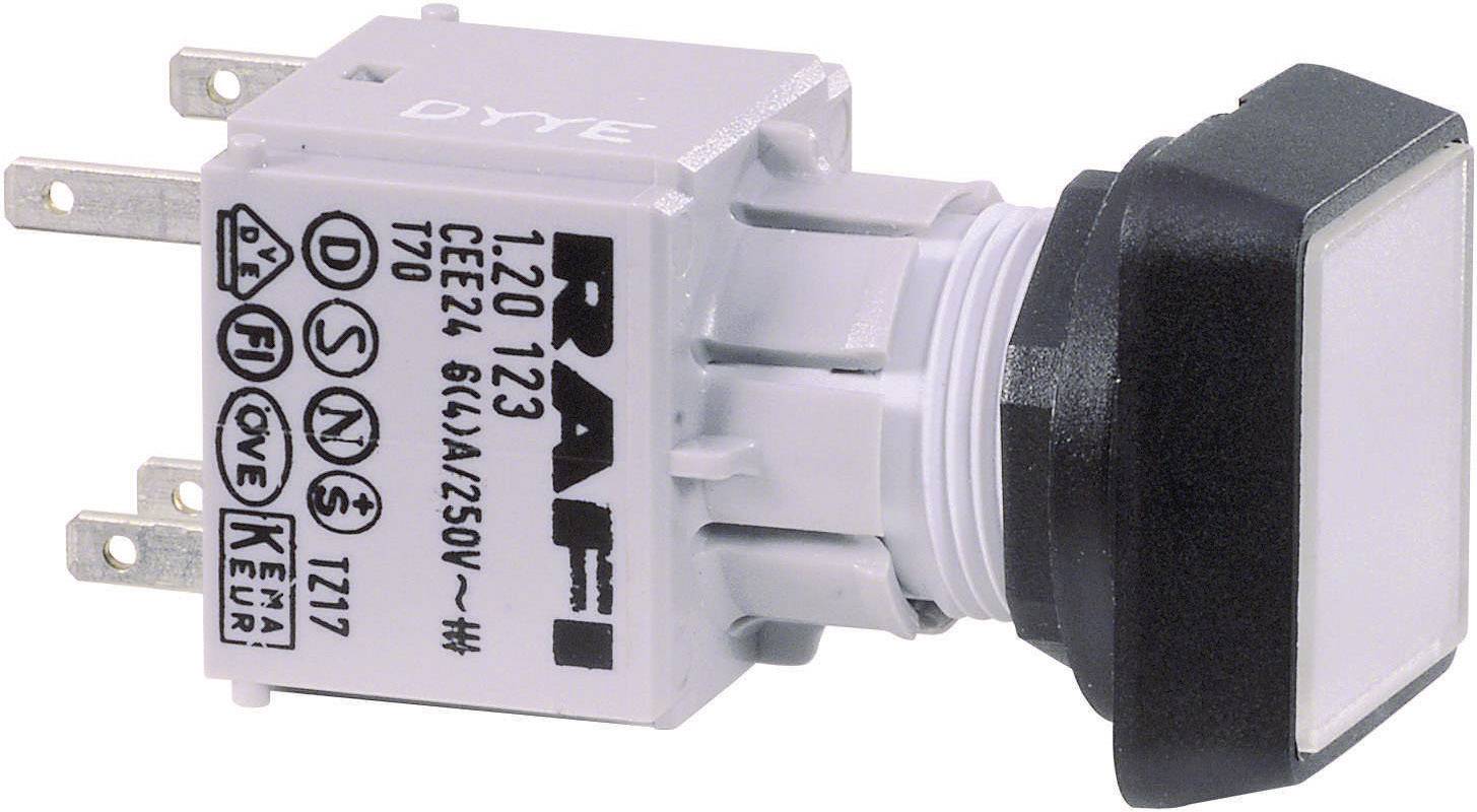 White, rectangular push button with a black cap and silver contacts, printed with technical specifications such as voltage and manufacturer.