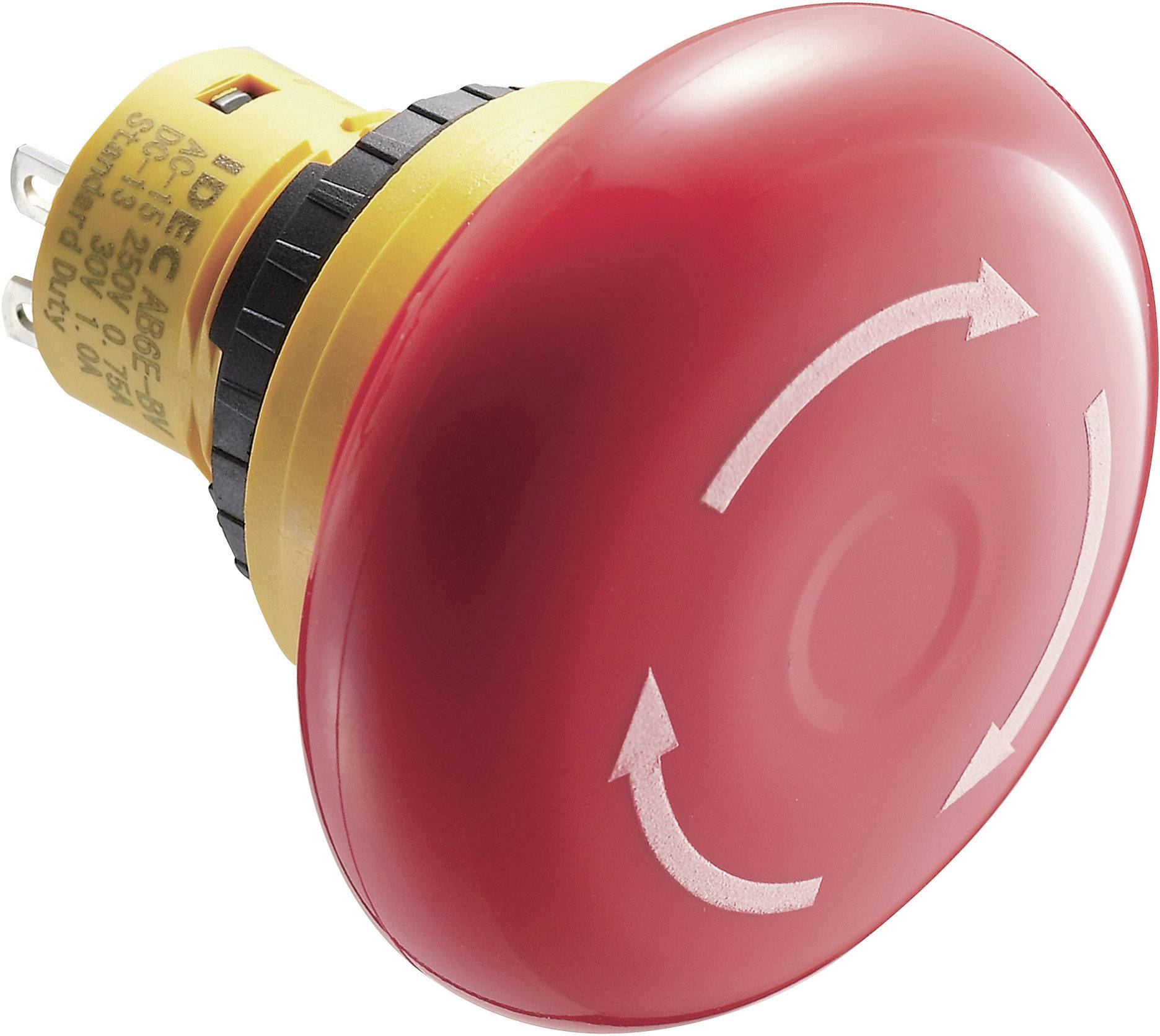 A red emergency stop switch with arrows indicating a rotational movement. The switch is mounted on a yellow housing.