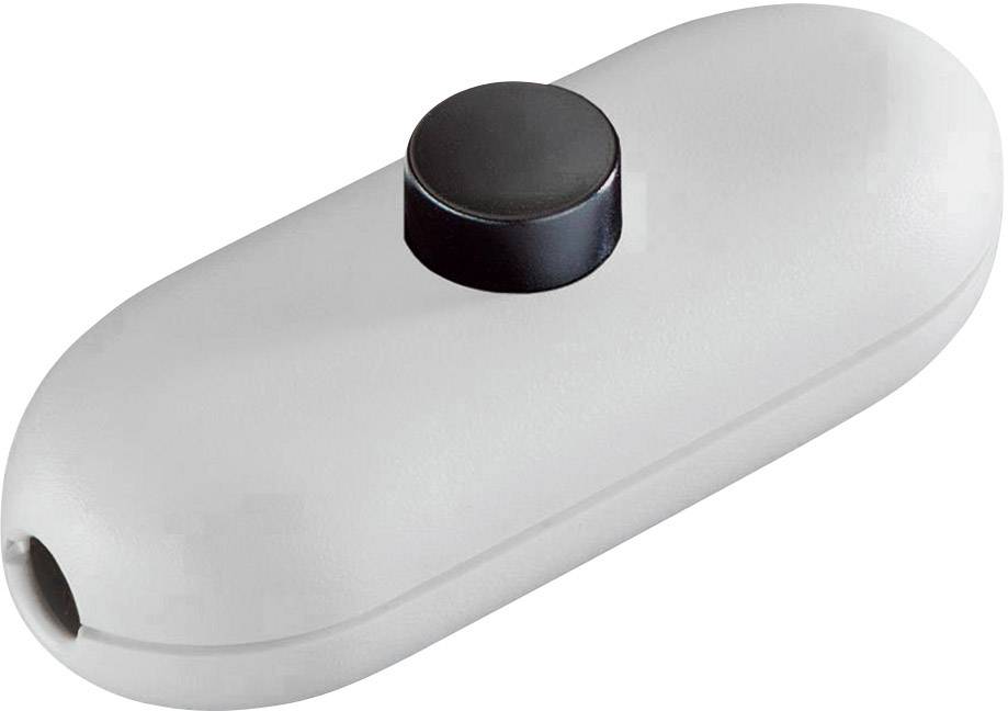 A white, oval cable switch with a large, round, black button in the centre for turning a device on and off.