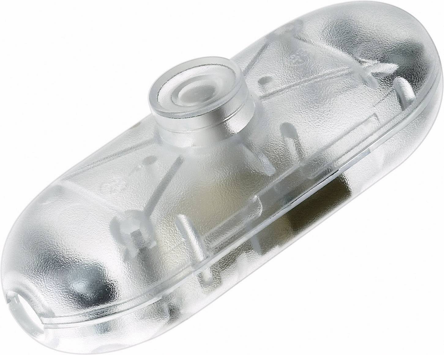 Translucent, oval plastic container with a silver button on top, likely a safety lighting component.