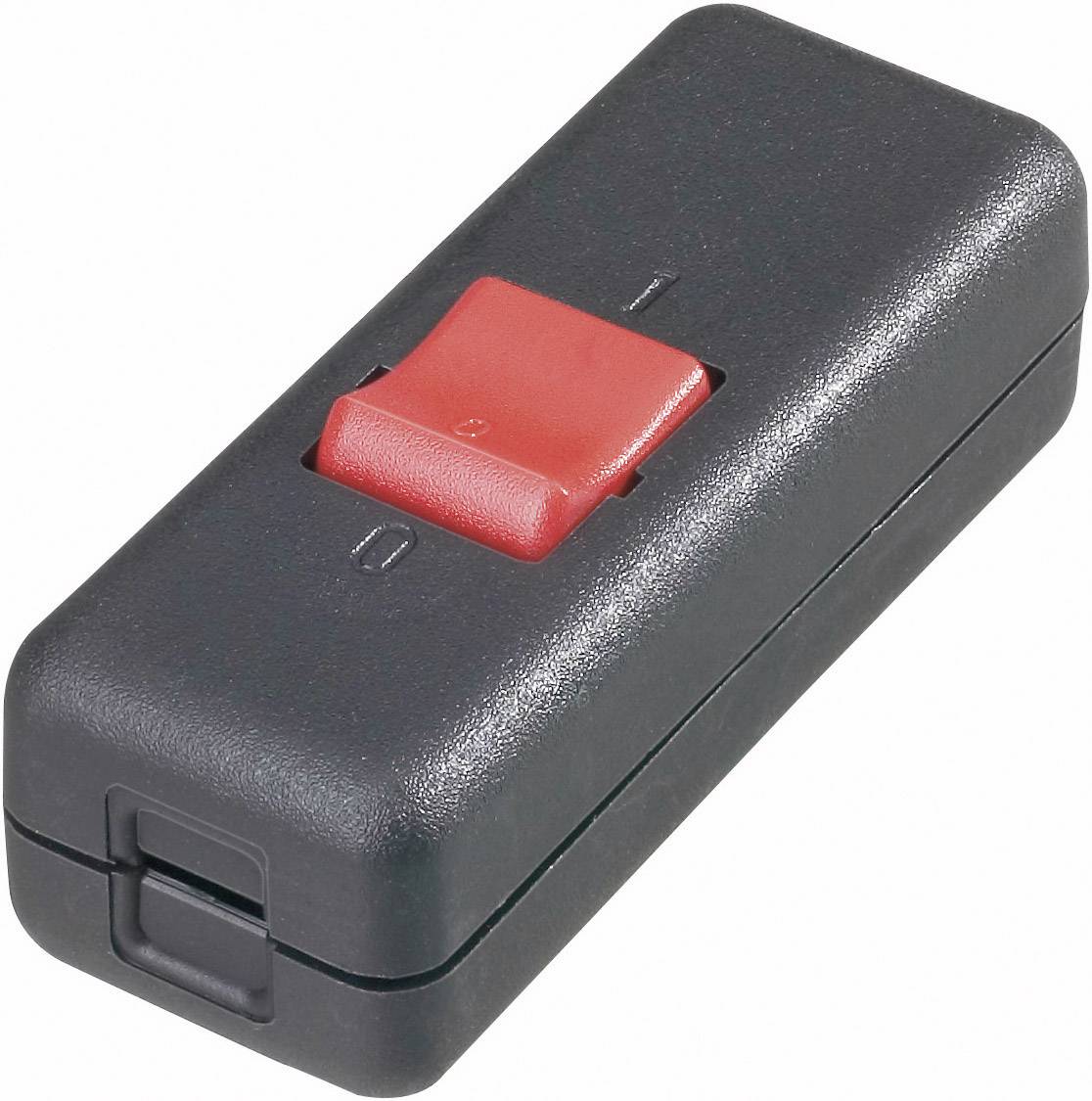 A rectangular, black rocker switch with a red switch in the centre, marked with '1' and '0' for On and Off.