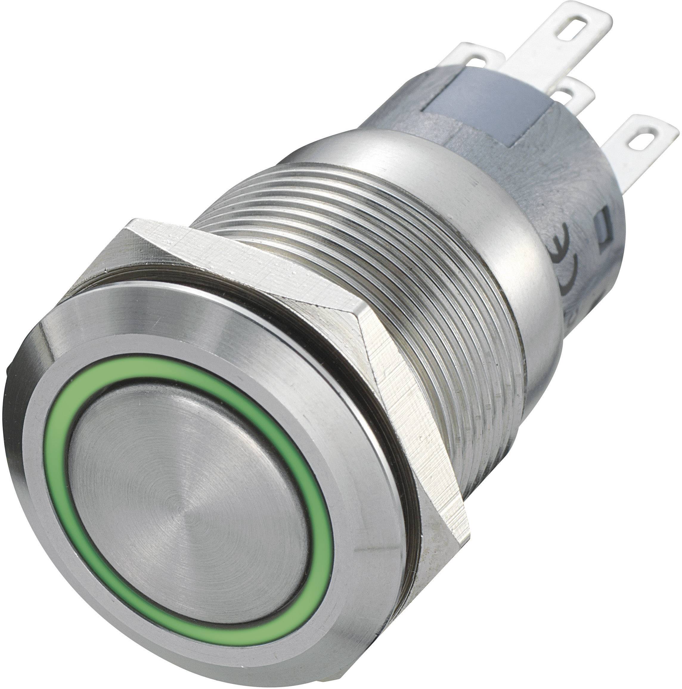 Metallic push button with green LED ring, suitable for industrial control systems or electronic projects.