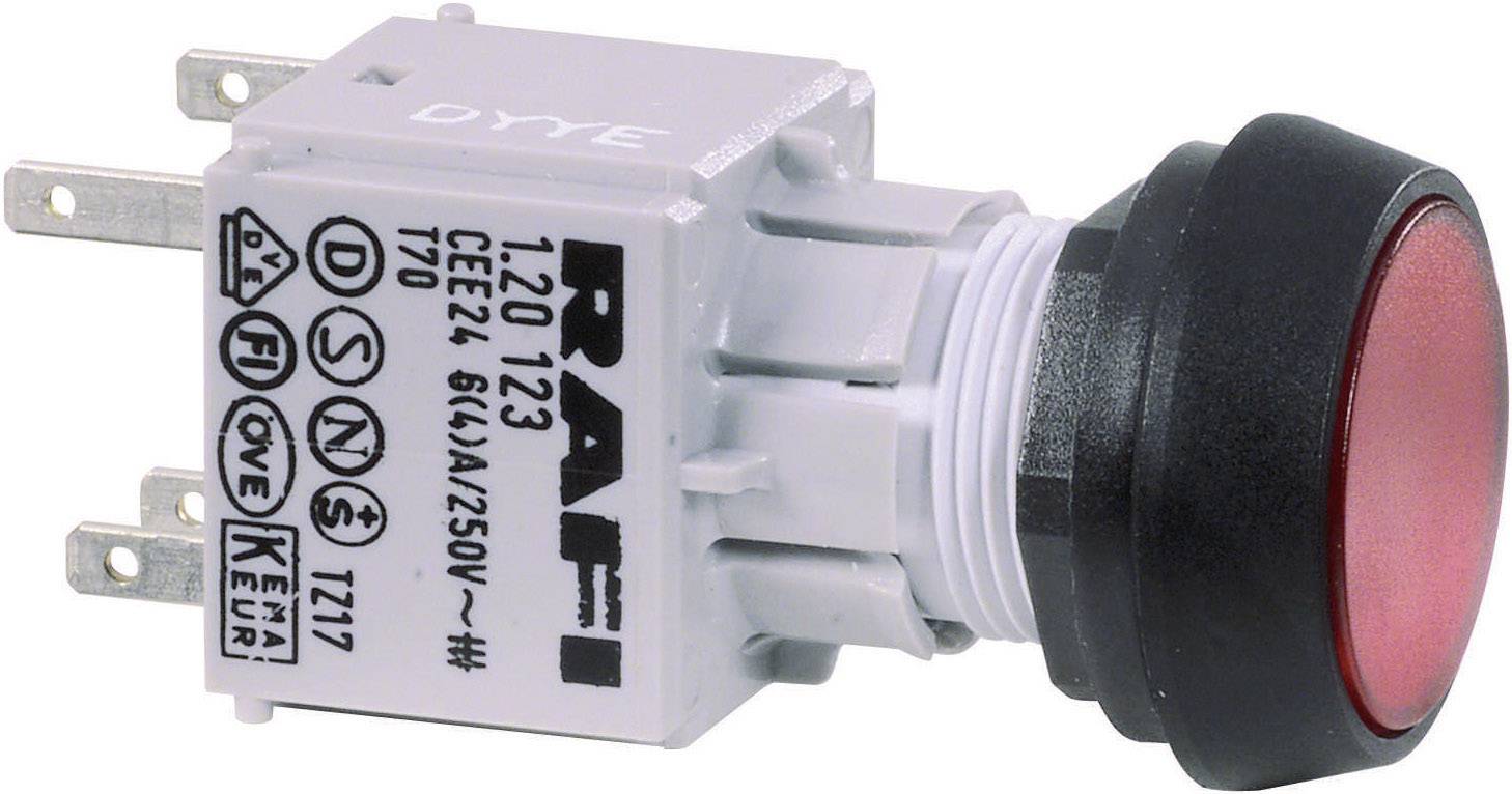 A red push button with a plastic casing and multiple metal switches. Technical specifications are printed on the housing.