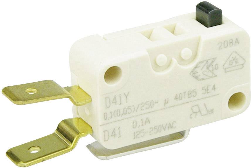 A white micro-switch with two golden metal contacts and a black push button, suitable for 125-250V AC, 0.1A.